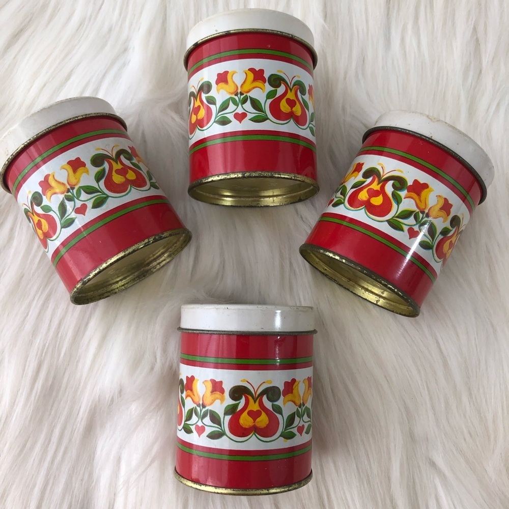 Vintage Metal 60's 70's Style Storage Containers Red Floral Pattern - Picture 5 of 11